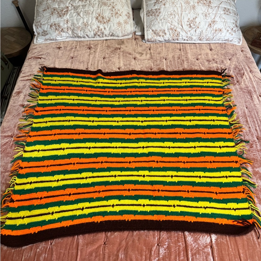 Vintage Handmade Crochet Afghan Blanket Striped Retro 70s Orange Green Yellow